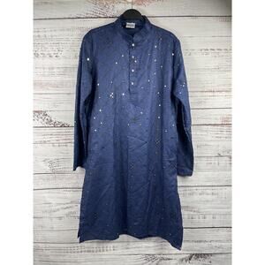 Sonisha Shirt Mens 40 Blue Embroidered Sequin Kurta Tunic Long Sleeve Wedding